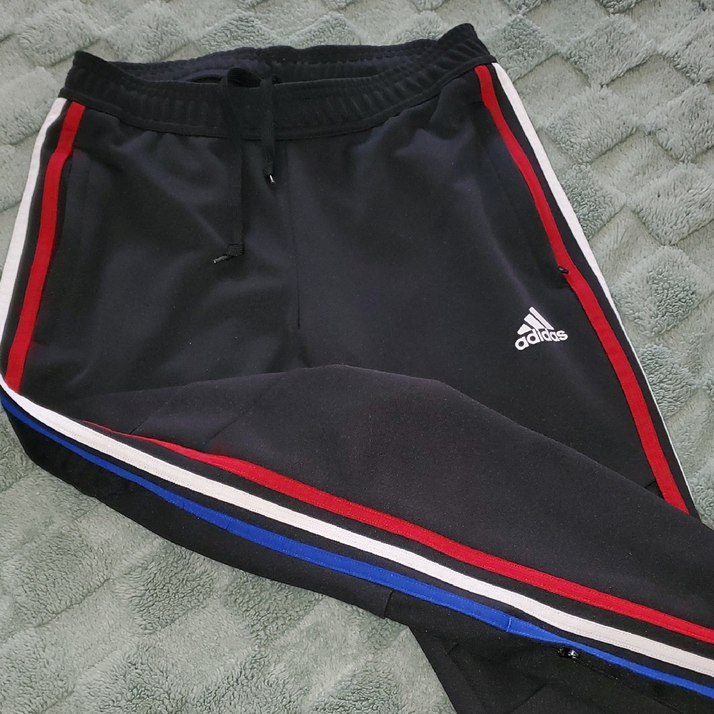 Adidas Black Joggers with Red and Blue Accents